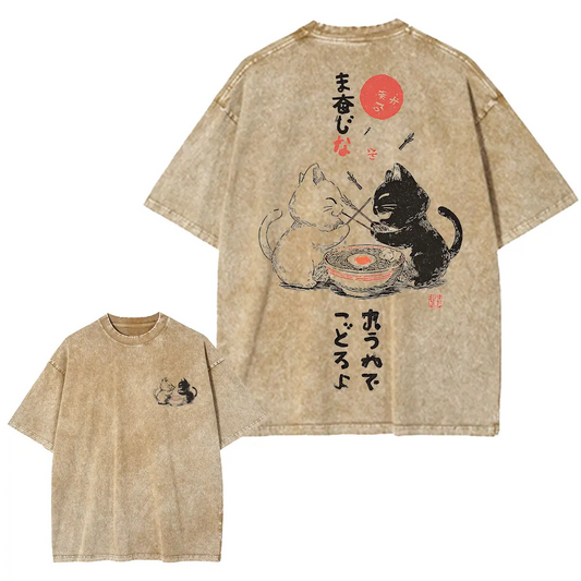 Japanese Cat Cartoon Graphic Baggy T-Shirt Men Streetwear