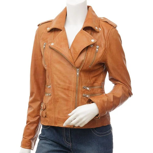 WOMENS TAN LEATHER BIKER JACKET ELBA - S
