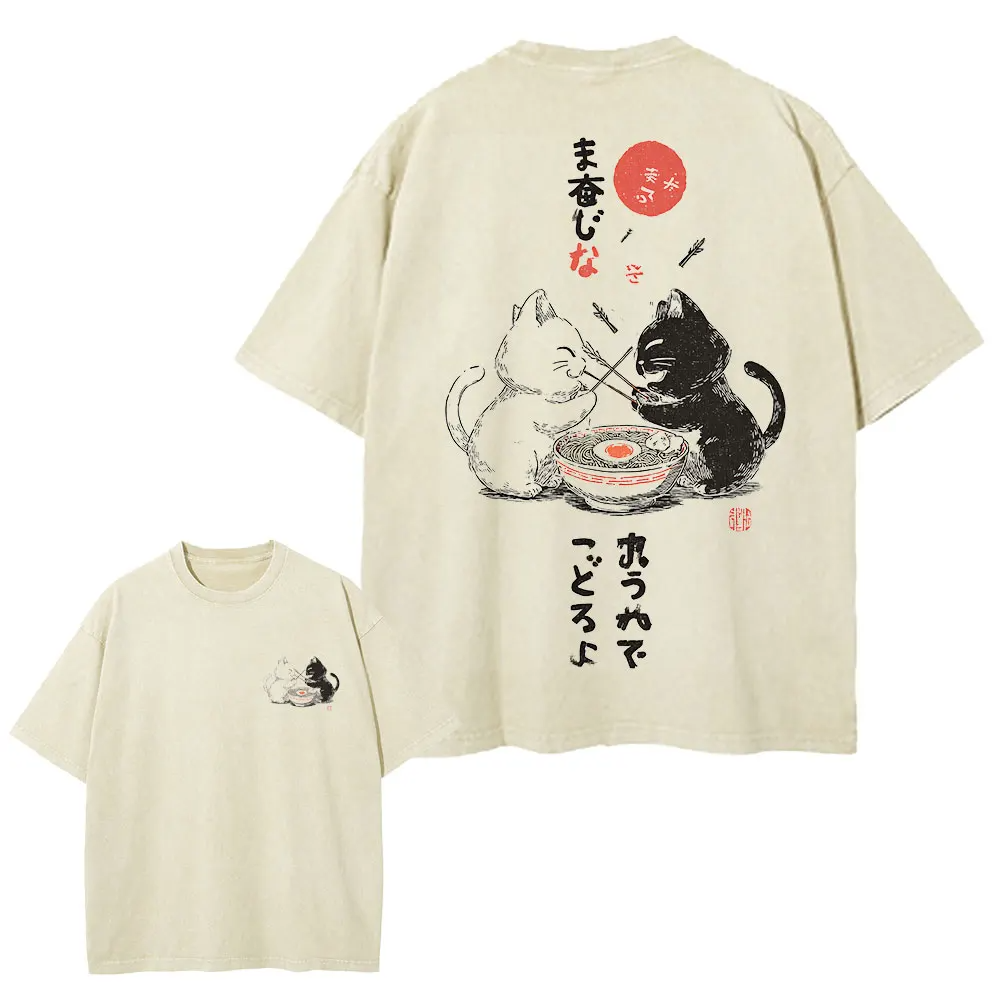 Japanese Cat Cartoon Graphic Baggy T-Shirt Men Streetwear