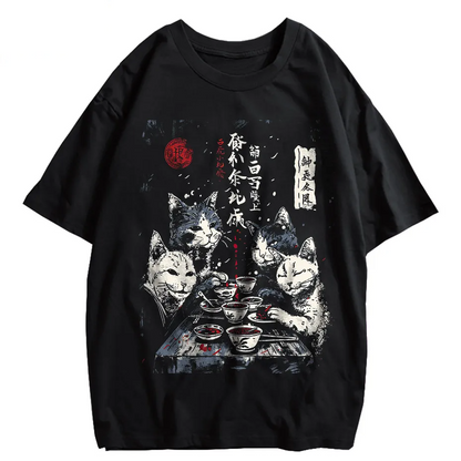 Japanese Cat Cartoon Graphic Baggy T-Shirt Men Streetwear