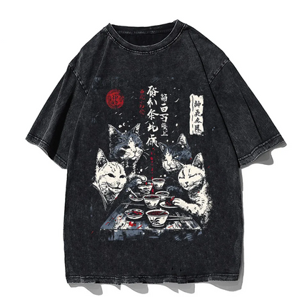 Japanese Cat Cartoon Graphic Baggy T-Shirt Men Streetwear