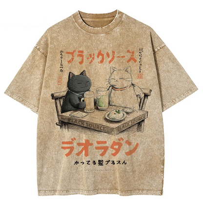 Japanese Cat Cartoon Graphic Baggy T-Shirt Men Streetwear