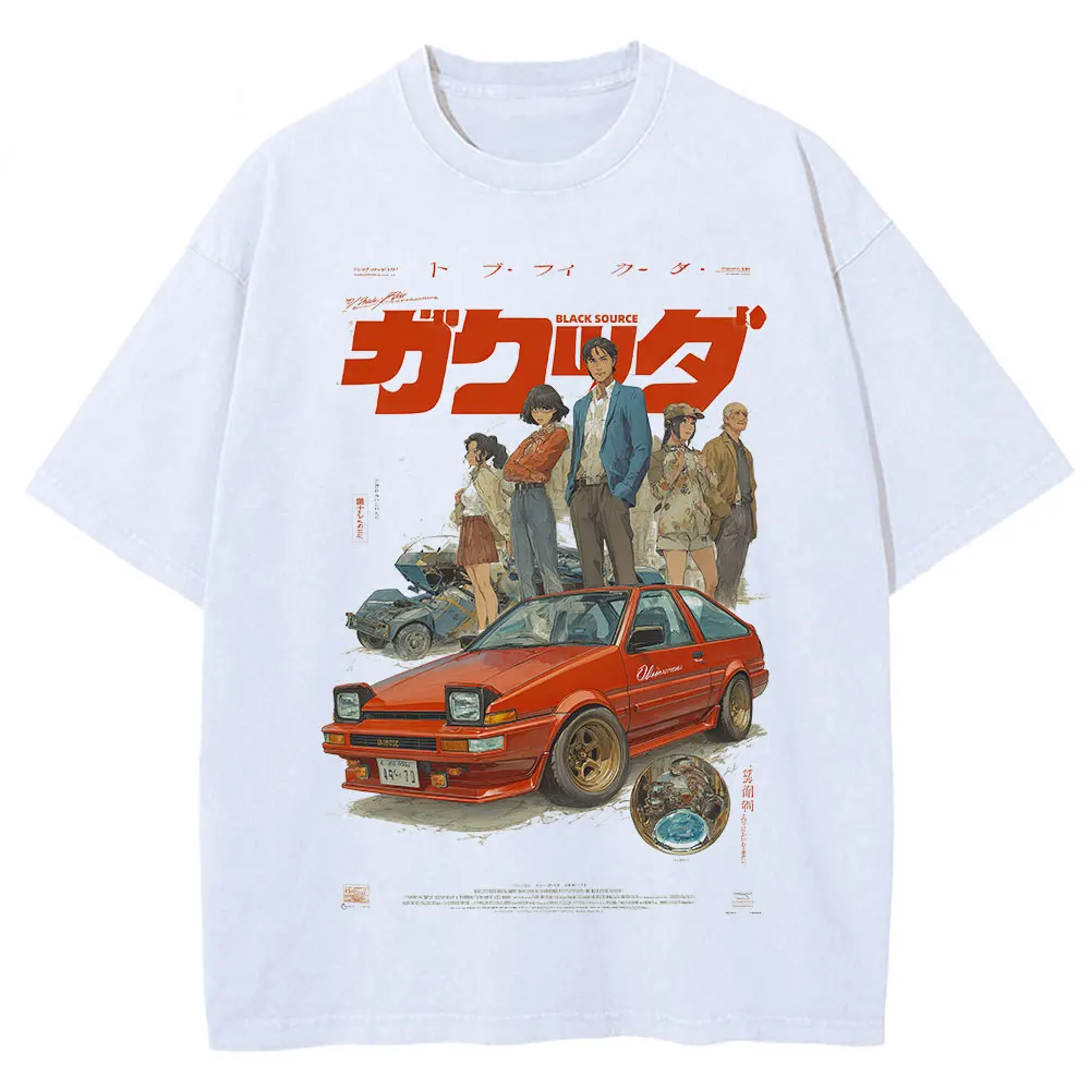 Japanese Cat Cartoon Graphic Baggy T-Shirt Men Streetwear