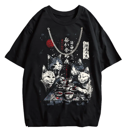 Japanese Cat Cartoon Graphic Baggy T-Shirt Men Streetwear