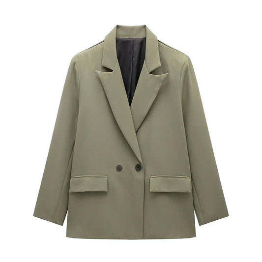 Womens Double Breasted Blazer with Pockets (Dark Green)