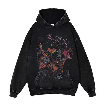 Anime Pain Graphic Hoodie Men's Retro Washed Harajuku Streetwear