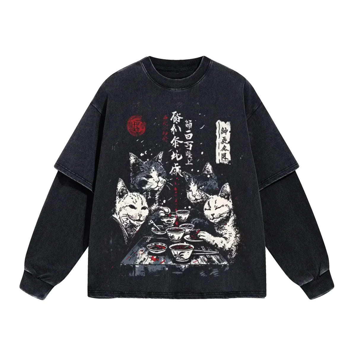 Japanese Cat Cartoon Graphic Baggy T-Shirt Men Streetwear