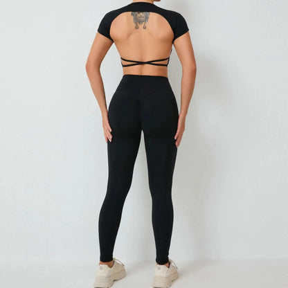 Cross Backless Sporty Set Women 2 Piece Sportswear Short Sleeve Training Suit for Fitness Yoga Wear Female Gym Workout Clothes