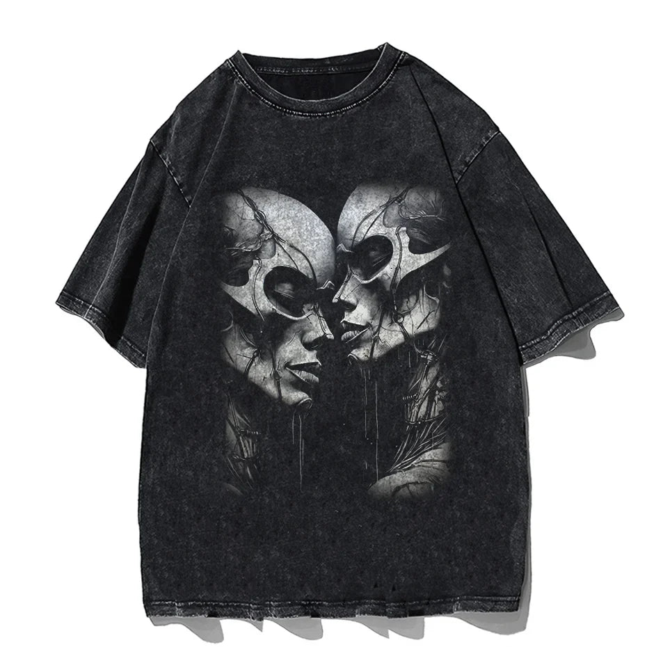 Japanese Cat Cartoon Graphic Baggy T-Shirt Men Streetwear