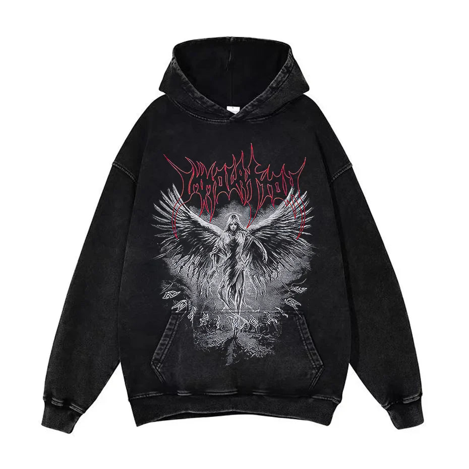 Anime Pain Graphic Hoodie Men's Retro Washed Harajuku Streetwear