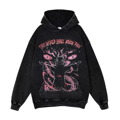 Anime Pain Graphic Hoodie Men's Retro Washed Harajuku Streetwear