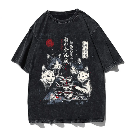 Japanese Cat Cartoon Graphic Baggy T-Shirt Men Streetwear