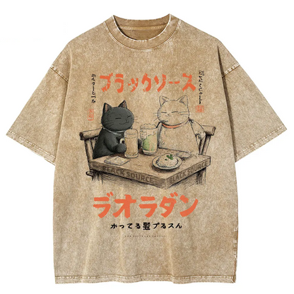 Japanese Cat Cartoon Graphic Baggy T-Shirt Men Streetwear