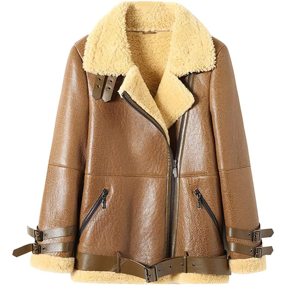 Womens Shearling Sheepskin Bomber Jacket - 2XL