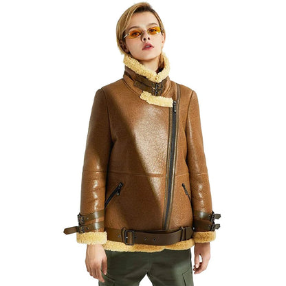 Womens Shearling Sheepskin Bomber Jacket - L