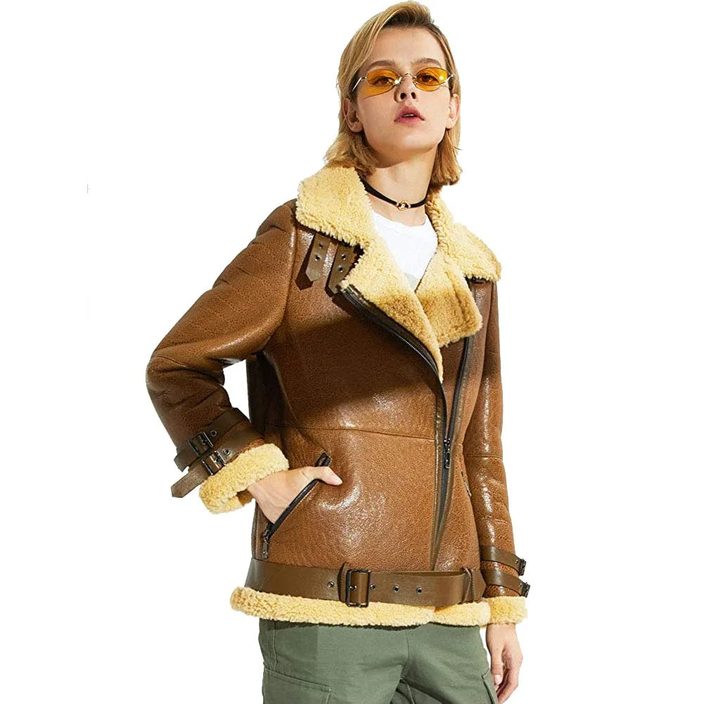 Womens Shearling Sheepskin Bomber Jacket - M