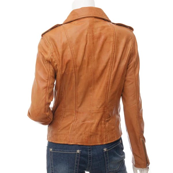WOMENS TAN LEATHER BIKER JACKET ELBA - L