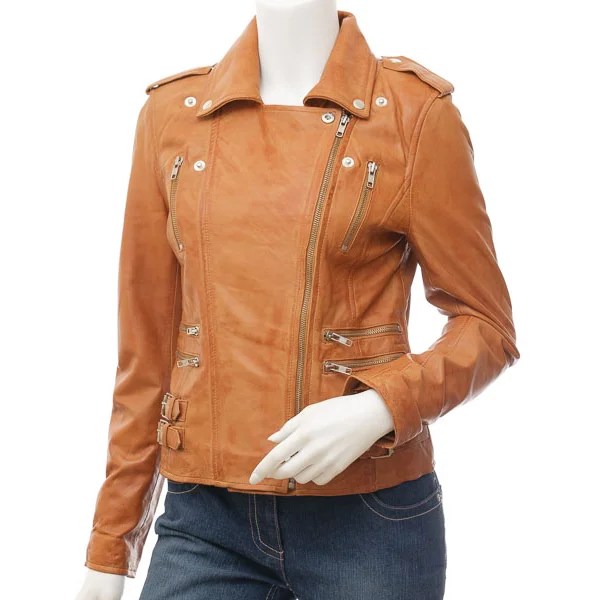 WOMENS TAN LEATHER BIKER JACKET ELBA - M