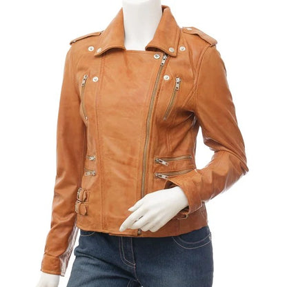 WOMENS TAN LEATHER BIKER JACKET ELBA - M