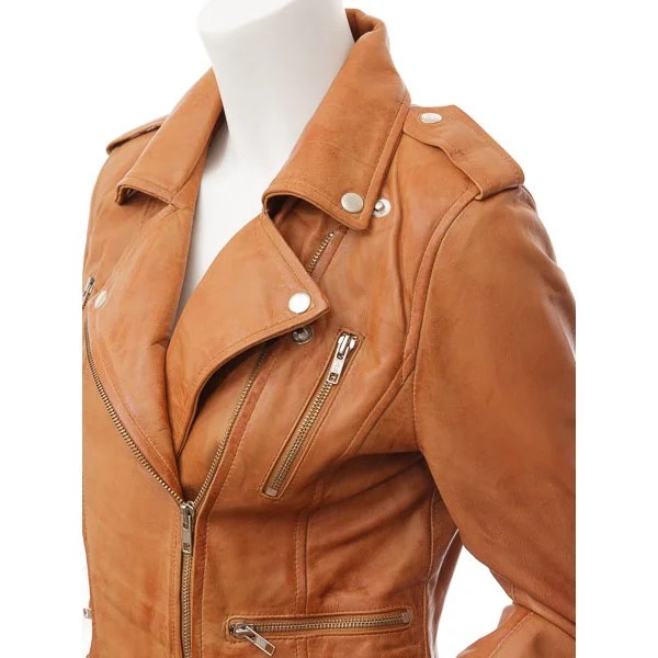 WOMENS TAN LEATHER BIKER JACKET ELBA - XL