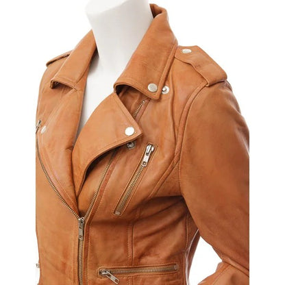 WOMENS TAN LEATHER BIKER JACKET ELBA - XL