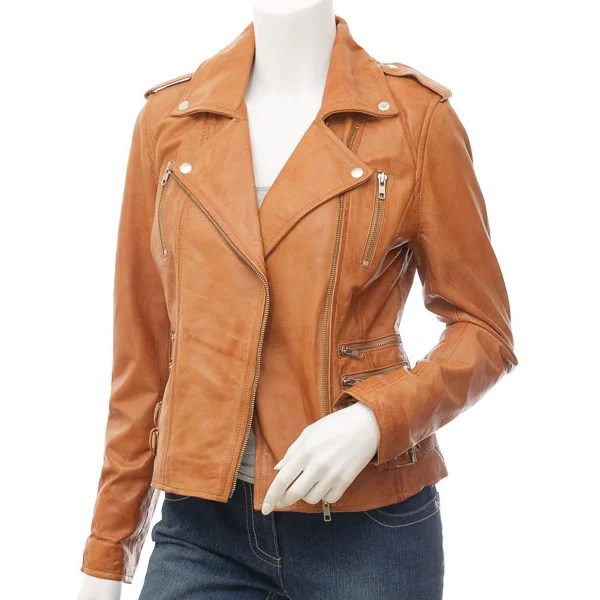 WOMENS TAN LEATHER BIKER JACKET ELBA