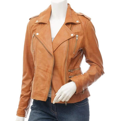 WOMENS TAN LEATHER BIKER JACKET ELBA