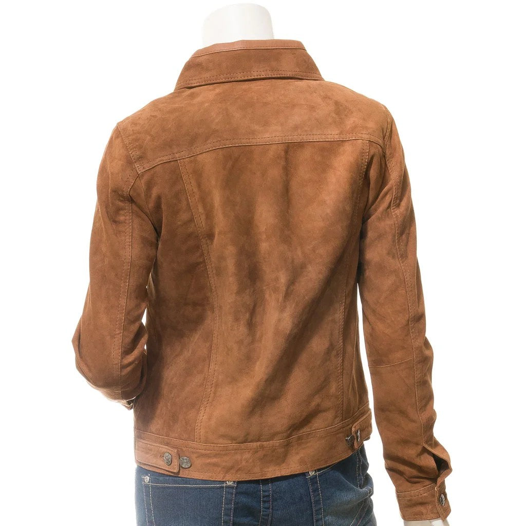 WOMENS TAN SUEDE TRUCKER JACKET HAVANA - M