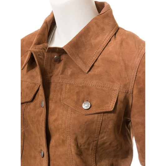 WOMENS TAN SUEDE TRUCKER JACKET HAVANA - S